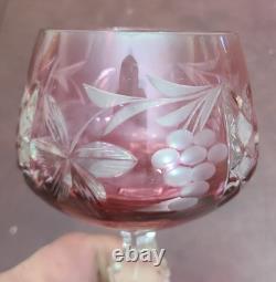 Set 6 Lausitzer LA15 Cut to Clear Crystal Hock Wine Glasses Cobalt- Pink Germany