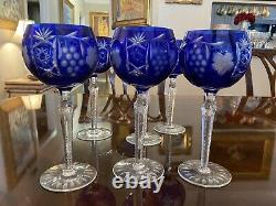 Set 6 MCM Bohemian Nachtmann Traube Blue Crystal Cut to Clear Wine Glasses