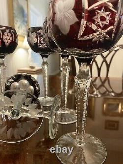 Set 6 MCM Bohemian Nachtmann Traube Ruby Red Crystal Cut to Clear Wine Glasses