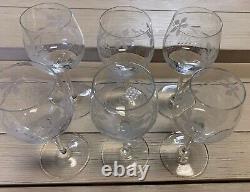 Set 6 Mid Century Real Crystal Etched Frosted Grapes Leaves Elegant Wine Glasses