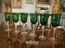 Set 6 MidCentury Venetian Emerald Green Crystal 9 Wine Glasses Twist Stem