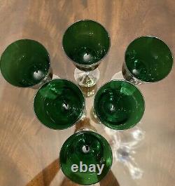 Set 6 MidCentury Venetian Emerald Green Crystal 9 Wine Glasses Twist Stem