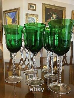 Set 6 MidCentury Venetian Emerald Green Crystal 9 Wine Glasses Twist Stem