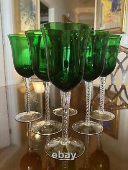 Set 6 MidCentury Venetian Emerald Green Crystal 9 Wine Glasses Twist Stem