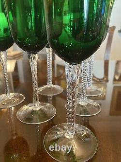 Set 6 MidCentury Venetian Emerald Green Crystal 9 Wine Glasses Twist Stem