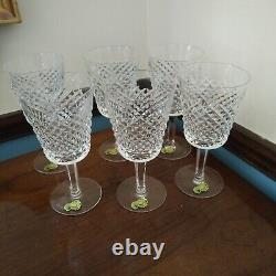 Set 6 WATERFORD Crystal ALANA Large 7 Water Goblets Wine Glasses Labels &Marked