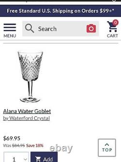 Set 6 WATERFORD Crystal ALANA Large 7 Water Goblets Wine Glasses Labels &Marked