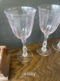 Set Four fostoria NAVARRE pink etched Tall Wine crystal Glass Glasses