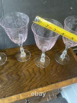 Set Four fostoria NAVARRE pink etched Tall Wine crystal Glass Glasses