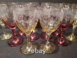 Set Of 12 Vintage Gobletstopaz Yellow & Rose Red Optic Wine Glasses Etched