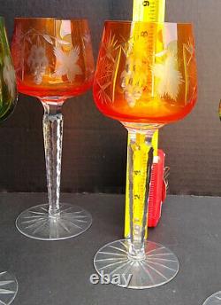 Set Of (5) Poland Ajka CRYSTAL 8 Cut-to-Clear MULTICOLOR WINE GOBLETS Hortensia