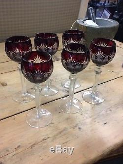 Set Of 6 Bohemian Ruby Cut To Clear Crystal Wine Glasses