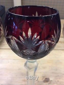 Set Of 6 Bohemian Ruby Cut To Clear Crystal Wine Glasses