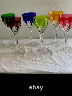 Set Of 6 Cut To Clear Crystal Wine Glass Multi Colors-Likely Faberge -unsigned