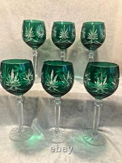 Set Of 6 Emerald Green Starburst Crystal Wine Glasses In Original Box