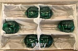 Set Of 6 Emerald Green Starburst Crystal Wine Glasses In Original Box