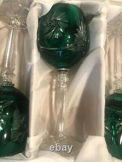 Set Of 6 Emerald Green Starburst Crystal Wine Glasses In Original Box