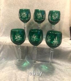 Set Of 6 Emerald Green Starburst Crystal Wine Glasses In Original Box