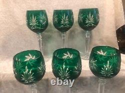 Set Of 6 Emerald Green Starburst Crystal Wine Glasses In Original Box