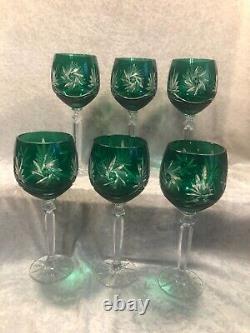 Set Of 6 Emerald Green Starburst Crystal Wine Glasses In Original Box