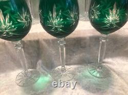 Set Of 6 Emerald Green Starburst Crystal Wine Glasses In Original Box