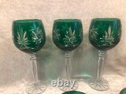 Set Of 6 Emerald Green Starburst Crystal Wine Glasses In Original Box