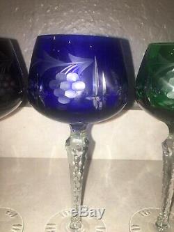Set Of 7 Good Quality Bohemian Color Flashed Cut Crystal Hock Wine Glasses
