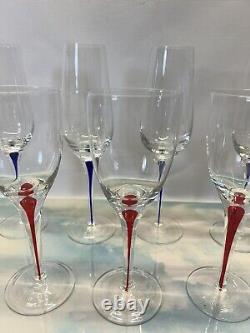 Set Of 8 Stunning Swedish Orrefors Crystal Intermezzo Wine Mouth Blown Red Blue