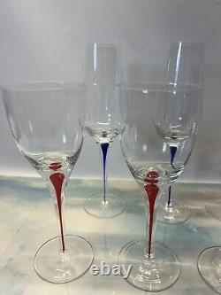 Set Of 8 Stunning Swedish Orrefors Crystal Intermezzo Wine Mouth Blown Red Blue