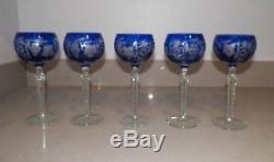 Set Of Five (5) Czech Bohemian Blue Cut To Clear Crystal Wine Glasses 8 1/2