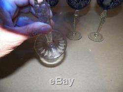 Set Of Five (5) Czech Bohemian Blue Cut To Clear Crystal Wine Glasses 8 1/2