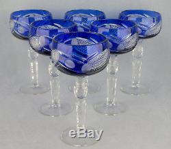 Set Of Six Crystal Cut To Clear Cobalt Blue Wine Glasses Bohemian / Czech