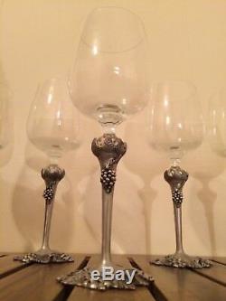 Set Vintage Crystal Wine Glasses Pewter Stems Grape and Leaf Motif