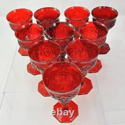 Set of 10 Ruby Red Mckee Rock Crystal 6 1/2 Tall Water Wine Goblets 1920s