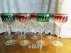 Set of 12 Red & Green Waterford Clarendon Cut to Clear Crystal Wine Hockssigned