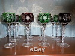 Set of 12 Ruby Red & Green Ajka Marsala Cut to Clear Crystal Wine Glasses 8-1/4