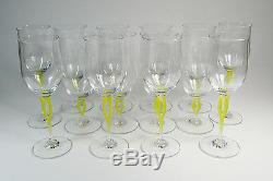 Set of 14 Blown Crystal Wine Glasses and Goblets with Yellow Leaf Stems