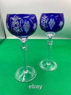 Set of 2 Ajka Crystal MARSALA COBALT Hock Wine Glasses