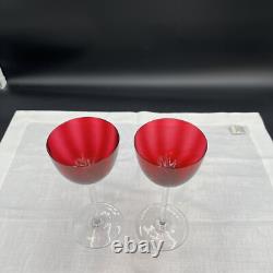 Set of 2 Baccarat Montaigne (Optic) Ruby Red Crystal Wine Glasses with Clear Stems