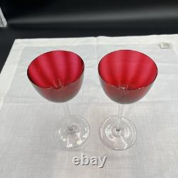 Set of 2 Baccarat Montaigne (Optic) Ruby Red Crystal Wine Glasses with Clear Stems