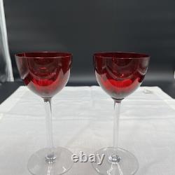 Set of 2 Baccarat Montaigne (Optic) Ruby Red Crystal Wine Glasses with Clear Stems