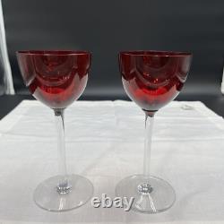 Set of 2 Baccarat Montaigne (Optic) Ruby Red Crystal Wine Glasses with Clear Stems