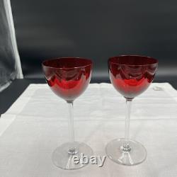 Set of 2 Baccarat Montaigne (Optic) Ruby Red Crystal Wine Glasses with Clear Stems