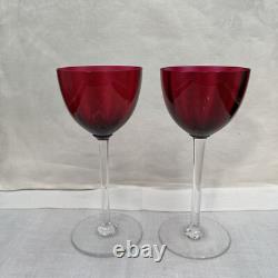 Set of 2 Baccarat Montaigne (Optic) Ruby Red Crystal Wine Glasses with Clear Stems