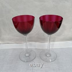 Set of 2 Baccarat Montaigne (Optic) Ruby Red Crystal Wine Glasses with Clear Stems