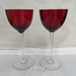 Set of 2 Baccarat Montaigne (Optic) Ruby Red Crystal Wine Glasses with Clear Stems