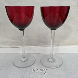 Set of 2 Baccarat Montaigne (Optic) Ruby Red Crystal Wine Glasses with Clear Stems