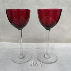 Set of 2 Baccarat Montaigne (Optic) Ruby Red Crystal Wine Glasses with Clear Stems