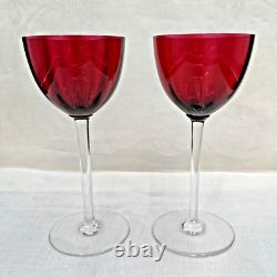 Set of 2 Baccarat Montaigne (Optic) Ruby Red Crystal Wine Glasses with Clear Stems