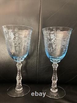 Set of 2 Fostoria Navarre Blue Crystal Water Goblet 7 5/8 Wine Glasses Etched